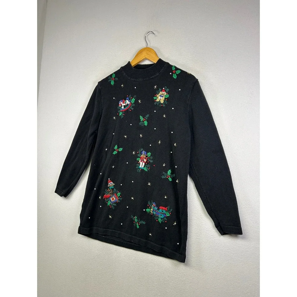 Grandma Core NutCracker Women Large Black Christmas Nutcracker Beaded Sweater‎